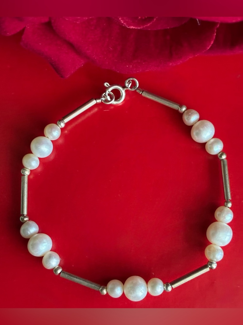 925 Silver Bracelet,Cultured White Pearl & Silver-Tone Tube Bracelet - Picture 3 of 5